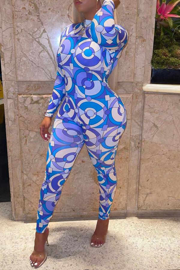 Blue Sexy Print Backless O Neck Skinny Jumpsuits
