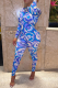 Blue Sexy Print Backless O Neck Skinny Jumpsuits
