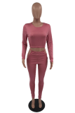 Brownness Casual Solid Hollowed Out O Neck Long Sleeve Two Pieces