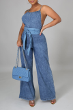 Blue Casual Solid Split Joint Spaghetti Strap Straight Jumpsuits