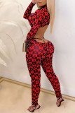 Red Sexy Print Turtleneck Skinny Jumpsuits