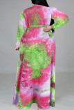 Cyan Fashion Casual Tie Dye Printing V Neck Long Sleeve Plus Size Dresses