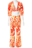 Purple Sexy Print Patchwork Turndown Collar Half Sleeve Two Pieces