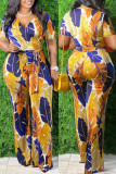 Yellow Fashion Casual Print Basic V Neck Regular Jumpsuits