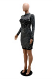 Black Fashion Sexy Patchwork Hot Drilling Beading Half A Turtleneck Long Sleeve Dresses
