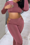 Brownness Casual Solid Hollowed Out O Neck Long Sleeve Two Pieces