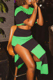 Green Casual Striped Print Patchwork Slit O Neck Short Sleeve Two Pieces