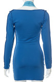 Blue Sexy Solid Hollowed Out Patchwork Halter Pencil Skirt Dresses