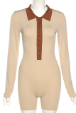 Khaki Casual Solid Patchwork Turndown Collar Skinny Rompers