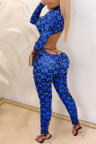 Blue Sexy Print Turtleneck Skinny Jumpsuits