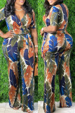 Yellow Fashion Casual Print Basic V Neck Regular Jumpsuits