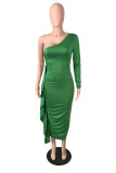 Pink Fashion Sexy Solid Patchwork Backless Oblique Collar Long Sleeve Dresses