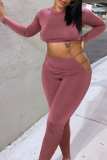 Brownness Casual Solid Hollowed Out O Neck Long Sleeve Two Pieces