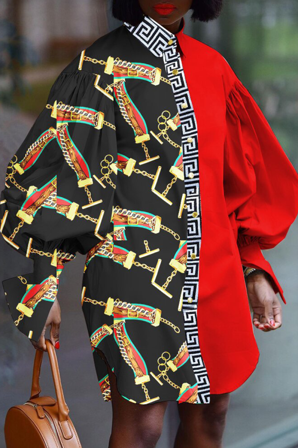 Red Casual Print Patchwork Turndown Collar Shirt Dress Dresses