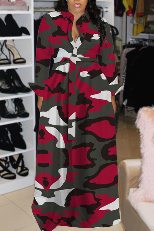Red Sexy Print Patchwork Buttons Turndown Collar Long Sleeve Dresses