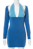 Blue Sexy Solid Hollowed Out Patchwork Halter Pencil Skirt Dresses