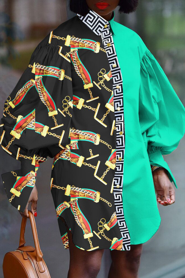 Green Casual Print Patchwork Turndown Collar Shirt Dress Dresses