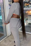Grey Casual Sportswear Solid Asymmetrical Square Collar Long Sleeve Two Pieces