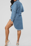 Blue Fashion Casual Solid Ripped Asymmetrical Turndown Collar Long Sleeve Dresses