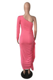Pink Fashion Sexy Solid Patchwork Backless Oblique Collar Long Sleeve Dresses