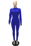Blue Casual Solid Patchwork Turndown Collar Skinny Jumpsuits