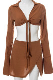 Brown Sexy Solid Patchwork Frenulum Backless Asymmetrical Turndown Collar Long Sleeve Two Pieces