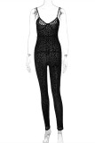 Black Fashion Sexy Print Backless Spaghetti Strap Skinny Jumpsuits