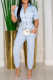 Blue Casual Solid Patchwork Buttons With Belt Turndown Collar Regular Jumpsuits