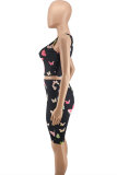 Black Fashion Casual Butterfly Print Basic U Neck Sleeveless Two Pieces