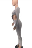 Grey Casual Sportswear Solid Asymmetrical Square Collar Long Sleeve Two Pieces