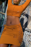 Orange Sexy Solid Patchwork O Neck Tops
