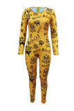 Yellow Fashion Casual Print Basic O Neck Skinny Jumpsuits