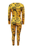 Yellow Fashion Casual Print Basic O Neck Skinny Jumpsuits