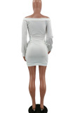 White Casual Solid Patchwork Frenulum Off the Shoulder Long Sleeve Dresses