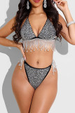 Apricot Fashion Sexy Patchwork Hot Drilling Tassel Bandage Backless Swimwears