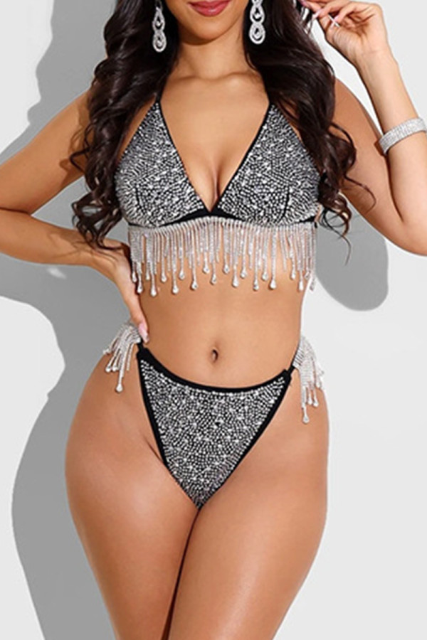 Black Fashion Sexy Patchwork Hot Drilling Tassel Bandage Backless Swimwears