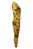 Yellow Fashion Casual Print Basic O Neck Skinny Jumpsuits