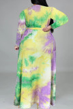 Green Fashion Casual Tie Dye Printing V Neck Long Sleeve Plus Size Dresses