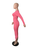Pink Fashion Sexy Solid Patchwork Backless Oblique Collar Long Sleeve Dresses