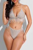 Apricot Fashion Sexy Patchwork Hot Drilling Tassel Bandage Backless Swimwears