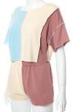 Blue Casual Solid Patchwork O Neck Short Sleeve Two Pieces