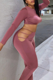 Brownness Casual Solid Hollowed Out O Neck Long Sleeve Two Pieces
