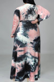 Rose Red Fashion Casual Tie Dye Printing V Neck Long Sleeve Plus Size Dresses