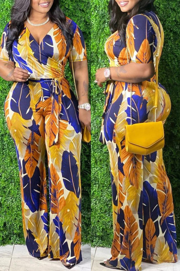 Yellow Fashion Casual Print Basic V Neck Regular Jumpsuits