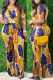 Yellow Fashion Casual Print Basic V Neck Regular Jumpsuits