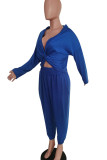 Blue Casual Solid Split Joint Fold Asymmetrical V Neck Long Sleeve Two Pieces