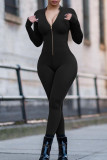 Red Casual Sportswear Solid Basic Zipper Collar Skinny Jumpsuits