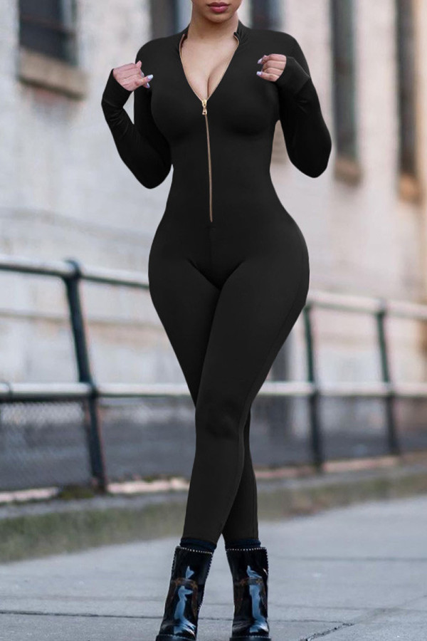 Black Casual Sportswear Solid Basic Zipper Collar Skinny Jumpsuits