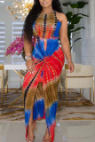Red Elegant Print Patchwork High Opening O Neck Straight Dresses