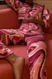 Purple Sexy Print Patchwork Turndown Collar Half Sleeve Two Pieces